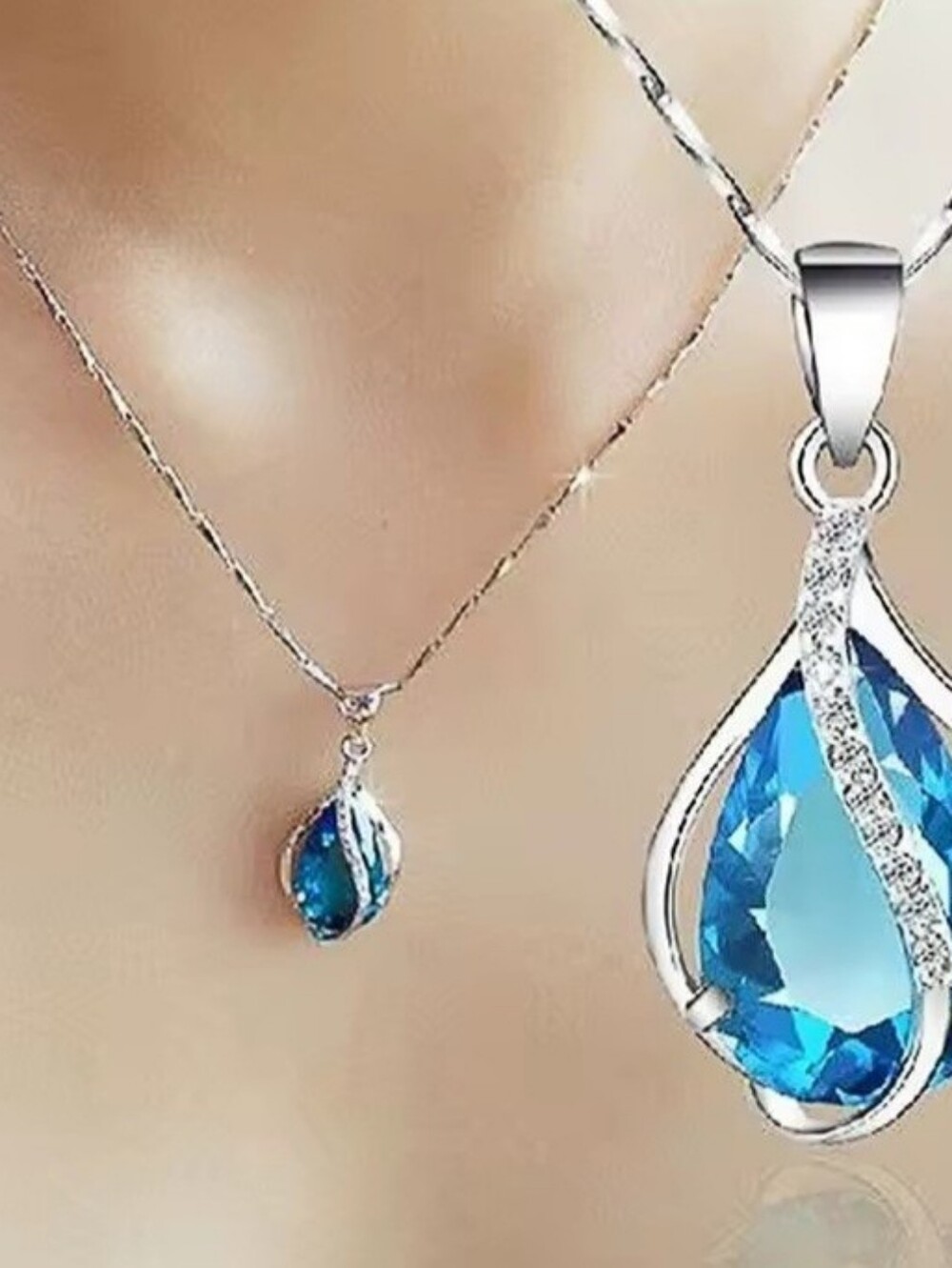 Blue Topaz Pear Cut Gemstone Necklace Silver Tone Teardrop CZ Pendant Jewelry